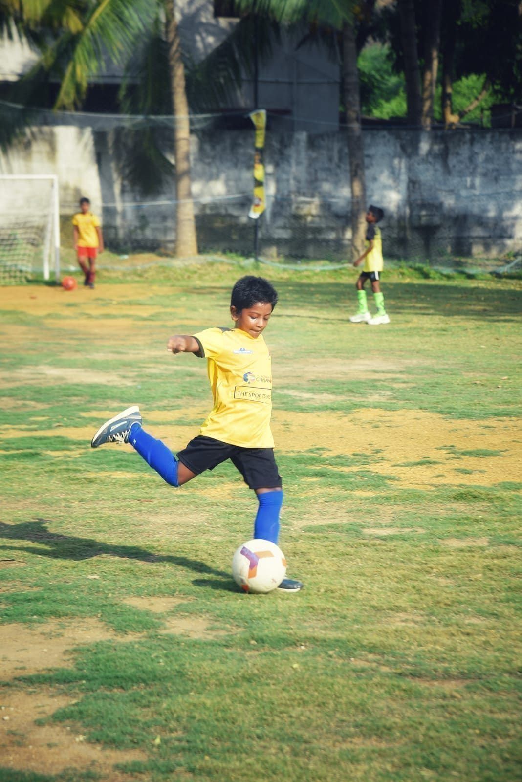 Young footballer preparing to kick a ball on the grass