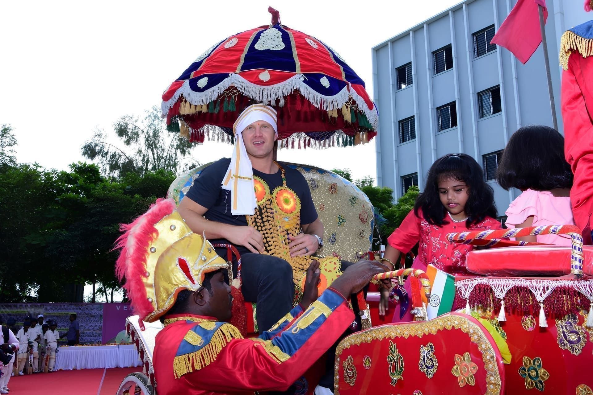 International cricketer given a ceremonial umbrella welcome
